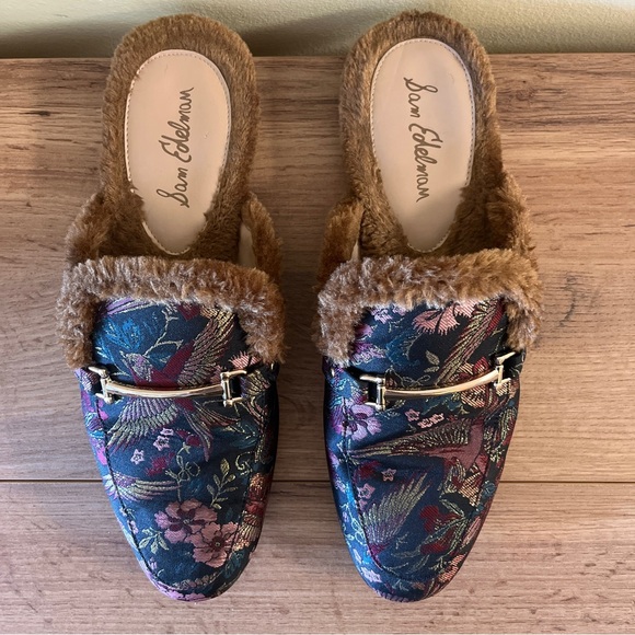 SAM EDELMAN Danica Tapestry Horsebit Fur-Lined Slip On Mule Loafer Flats Size 11 - Picture 4 of 14